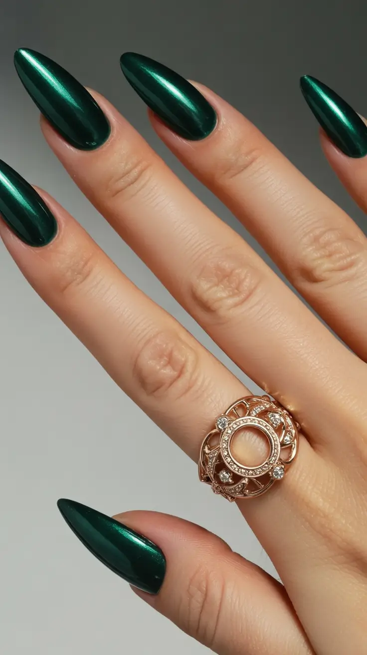 fall green nails Deep Green Chrome Shine