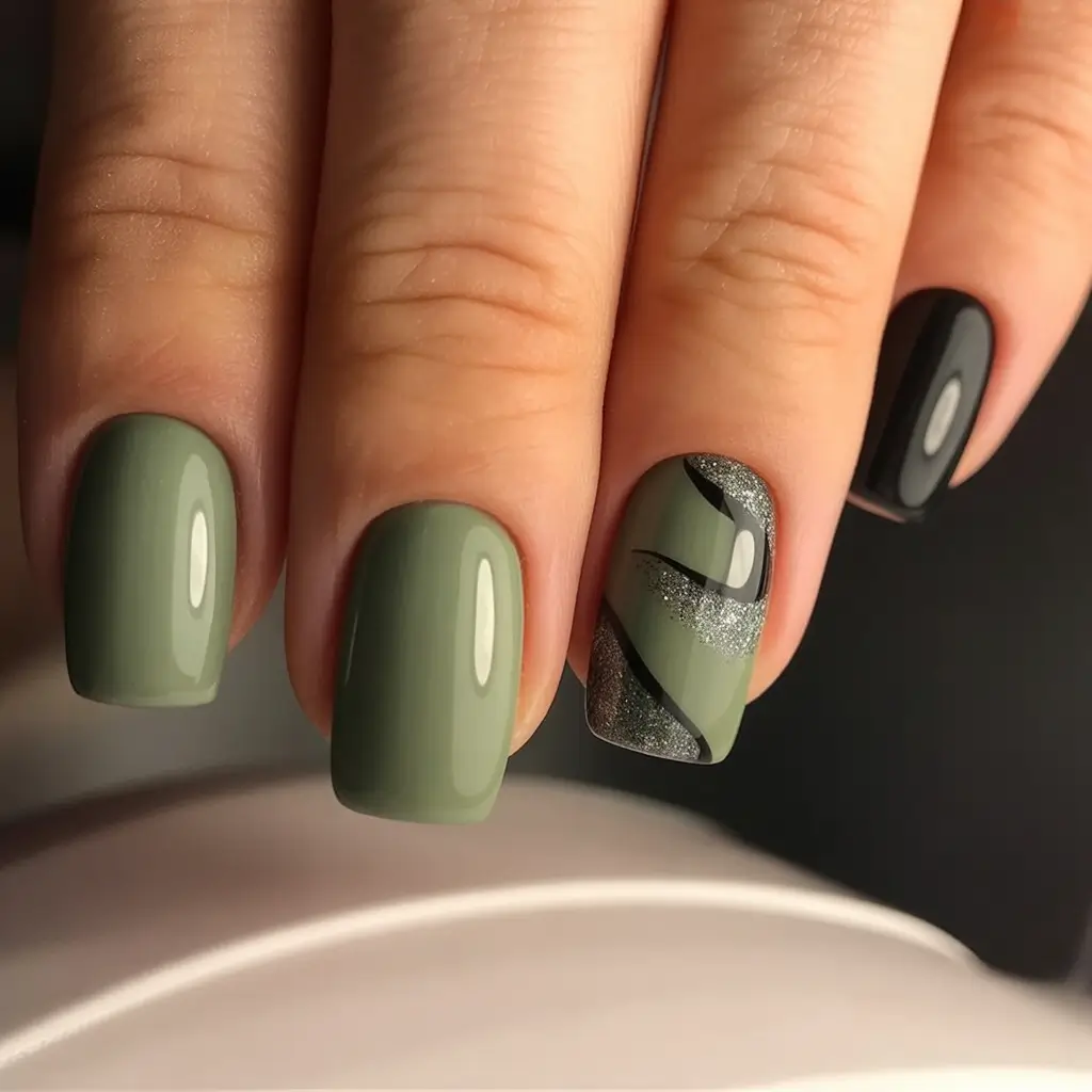 fall green nails Olive and Charcoal Modern Mix