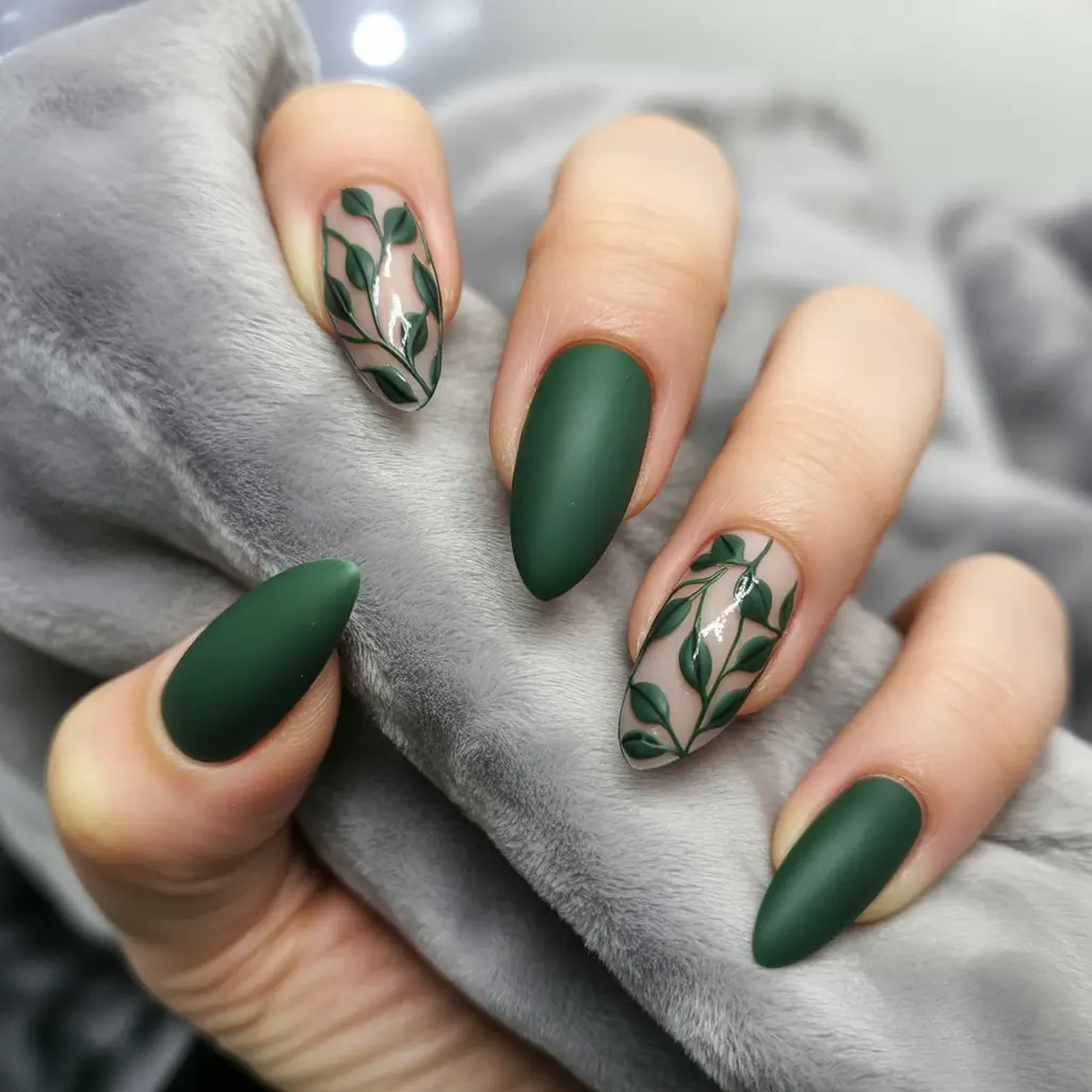fall green nails Matte Green with Leafy Accents