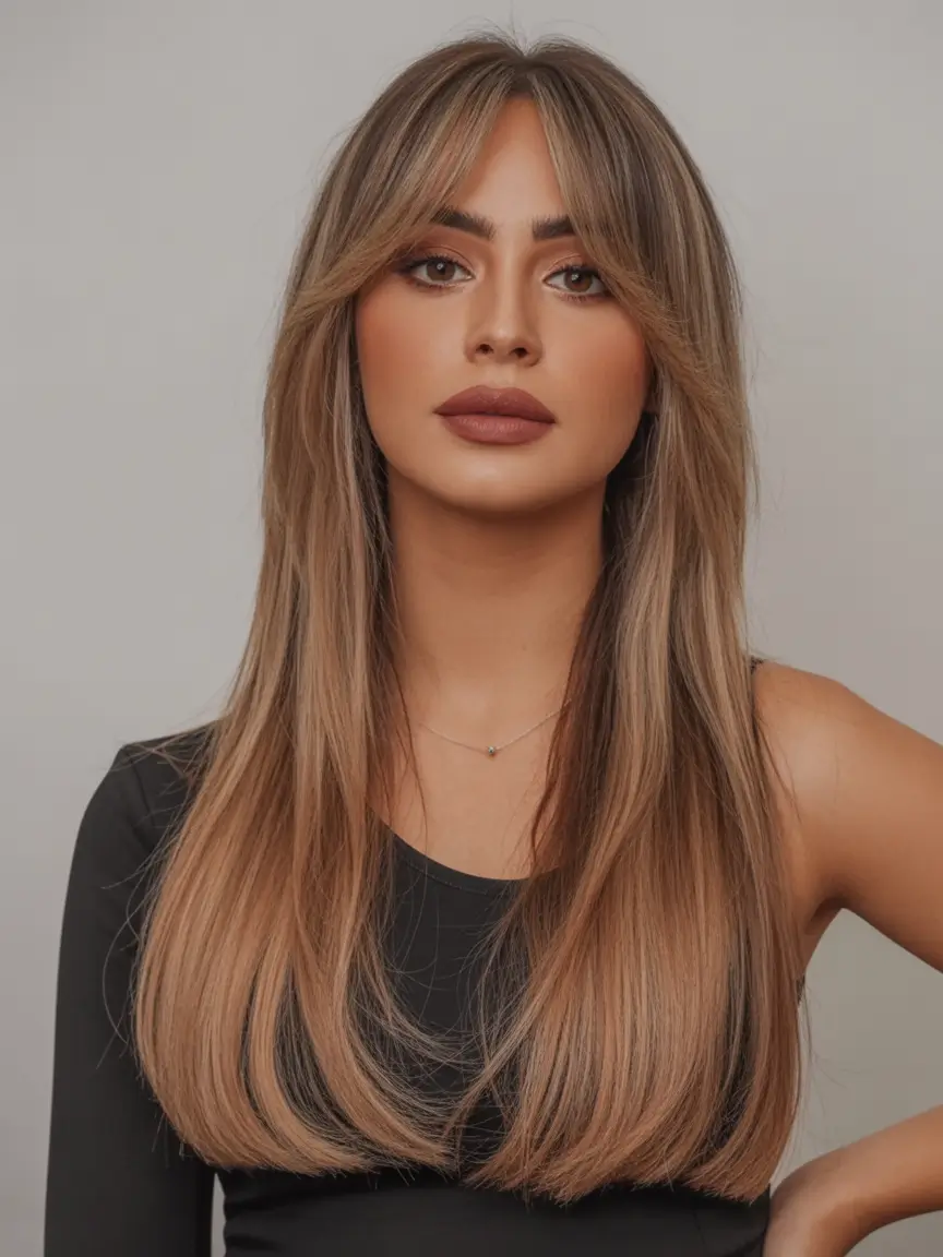 Fall long haircut 2025 Layered Curtain Bangs with Warm Honeyed Ends