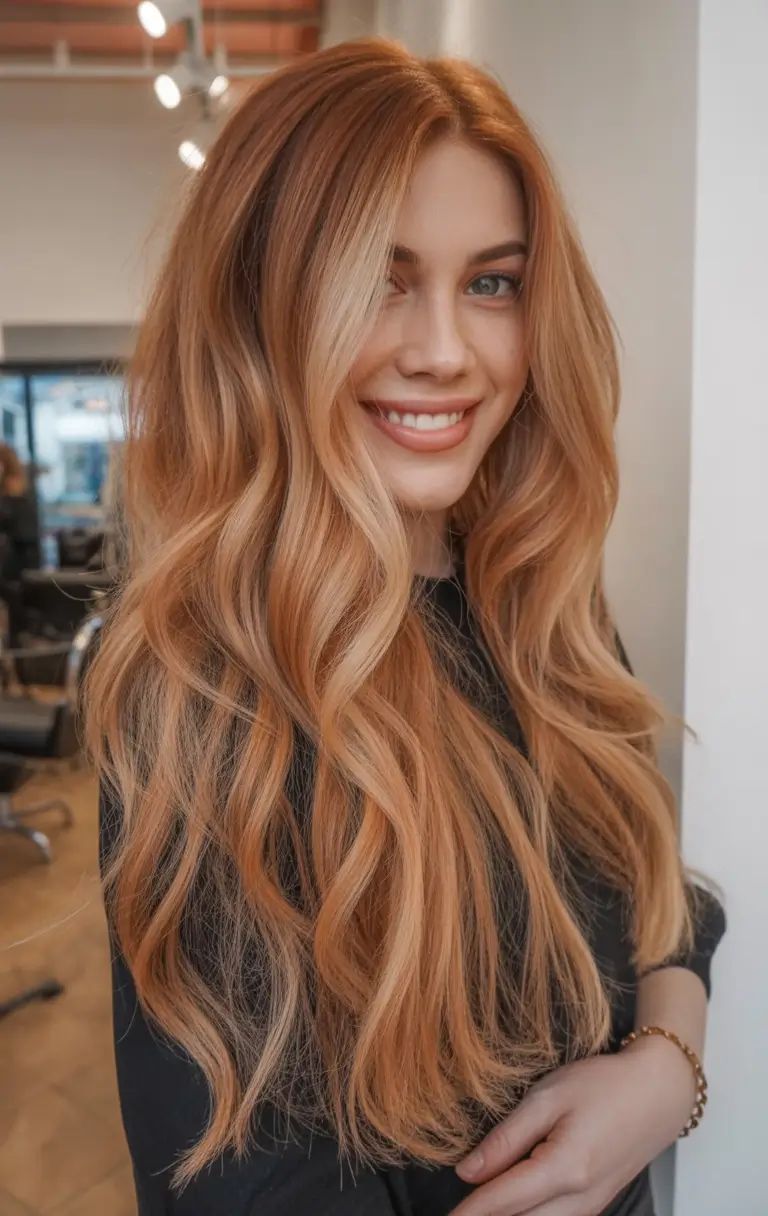 2025 thick hair Peach Blonde Balayage with Lush Waves