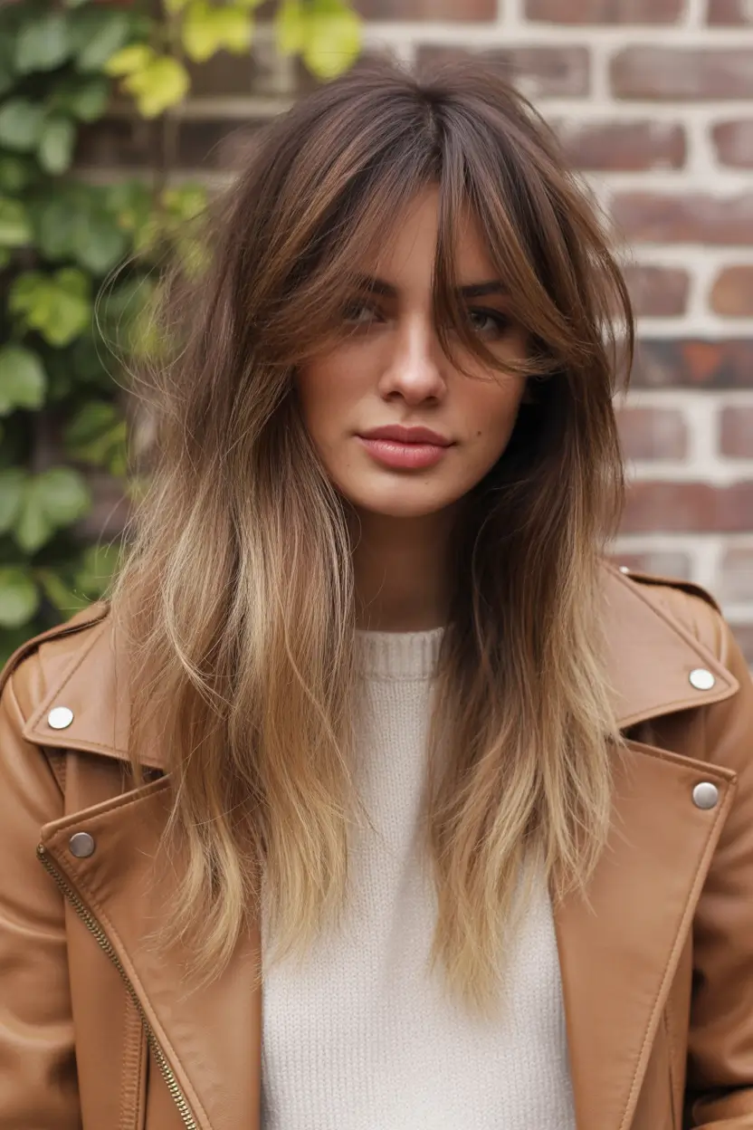 Fall long haircut 2025 Textured Brunette Shag with Natural Ombre