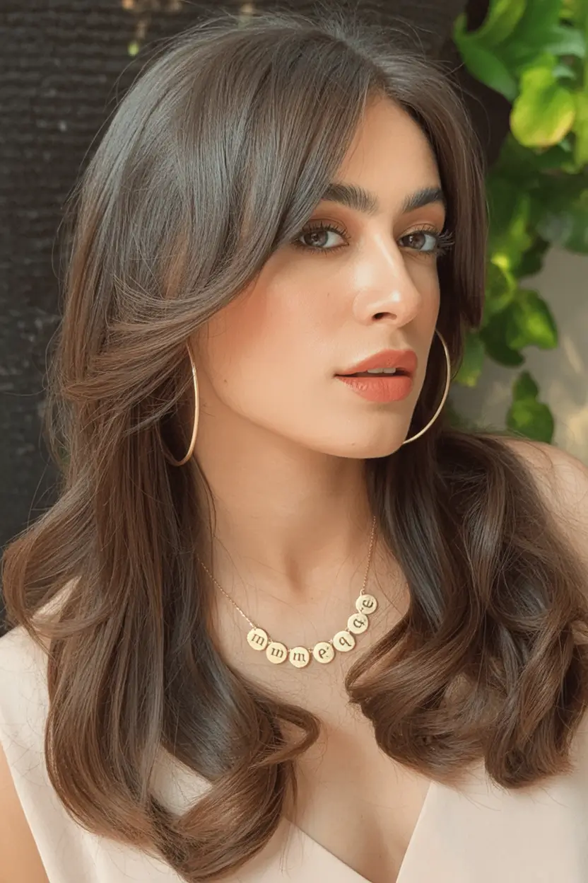 Hair 2025 Polished Layers with Curtain Bangs and Cocoa Shine