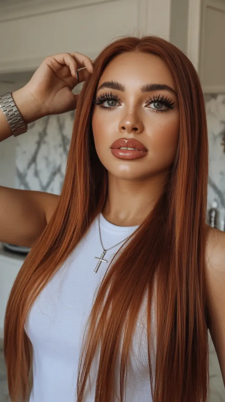 2025 long Sleek Copper Glass Hair with Middle Part
