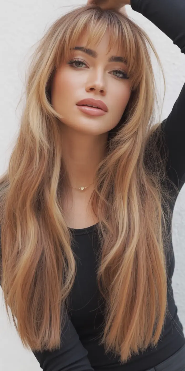 2025 long hair Butterscotch Blonde with Soft Blunt Bangs