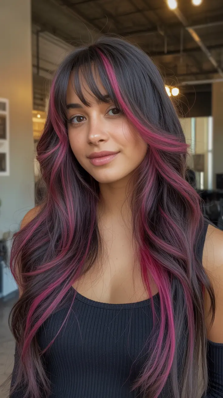 Hair 2025 Blackberry Waves with Punchy Pink Strands