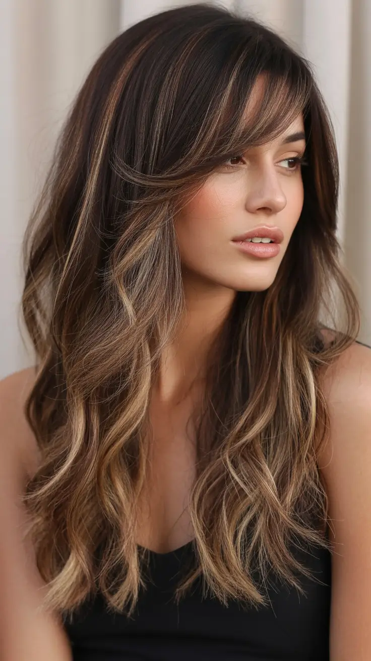 Fall long haircut Golden Mocha Waves with Breezy Side Bangs