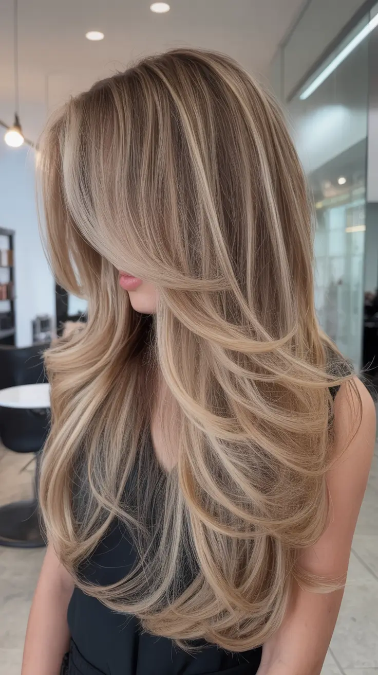 2025 hair trends Fanned Champagne Layers with Root Shadow