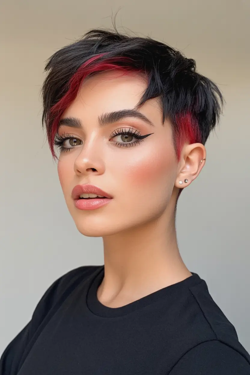 2025 short Edgy Undercut Pixie with Crimson Panels