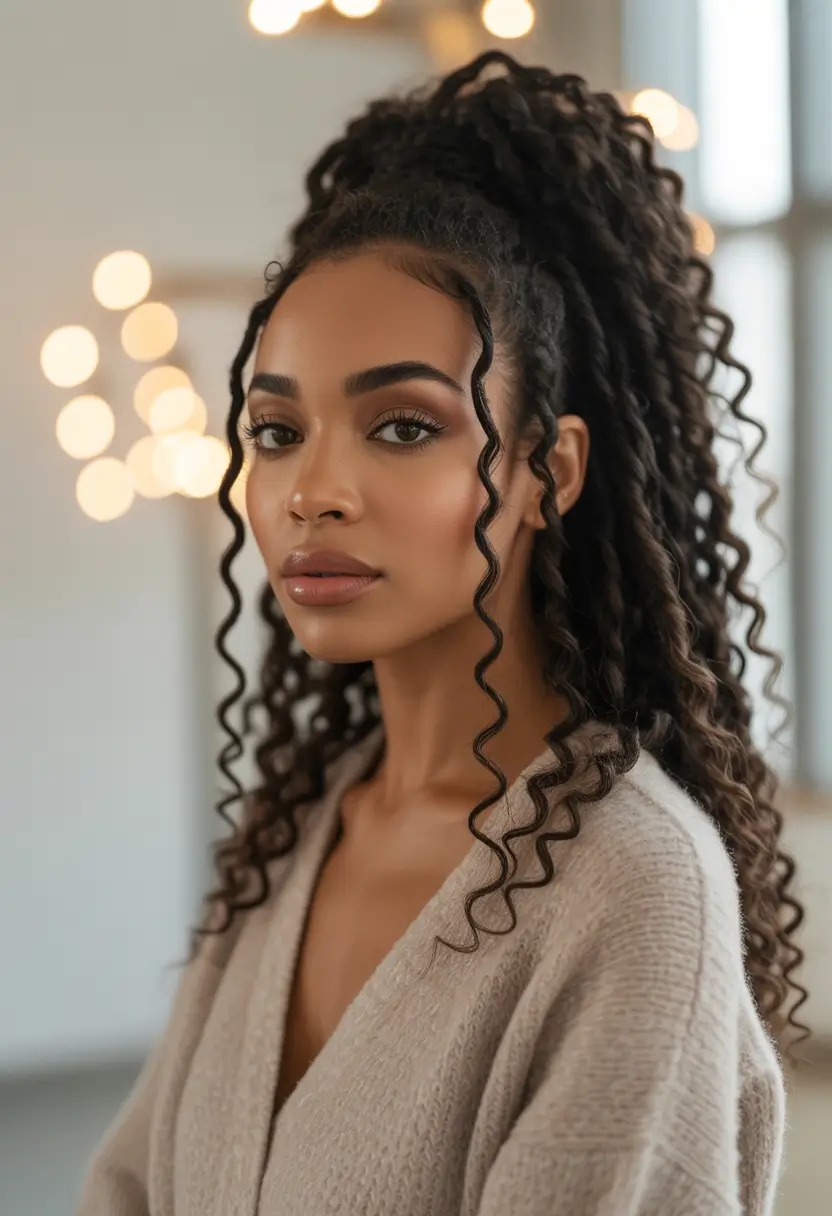 Fall 2025 Hairstyles for Black Women – Half-Up Spiral Pony with Face-Framing Coils