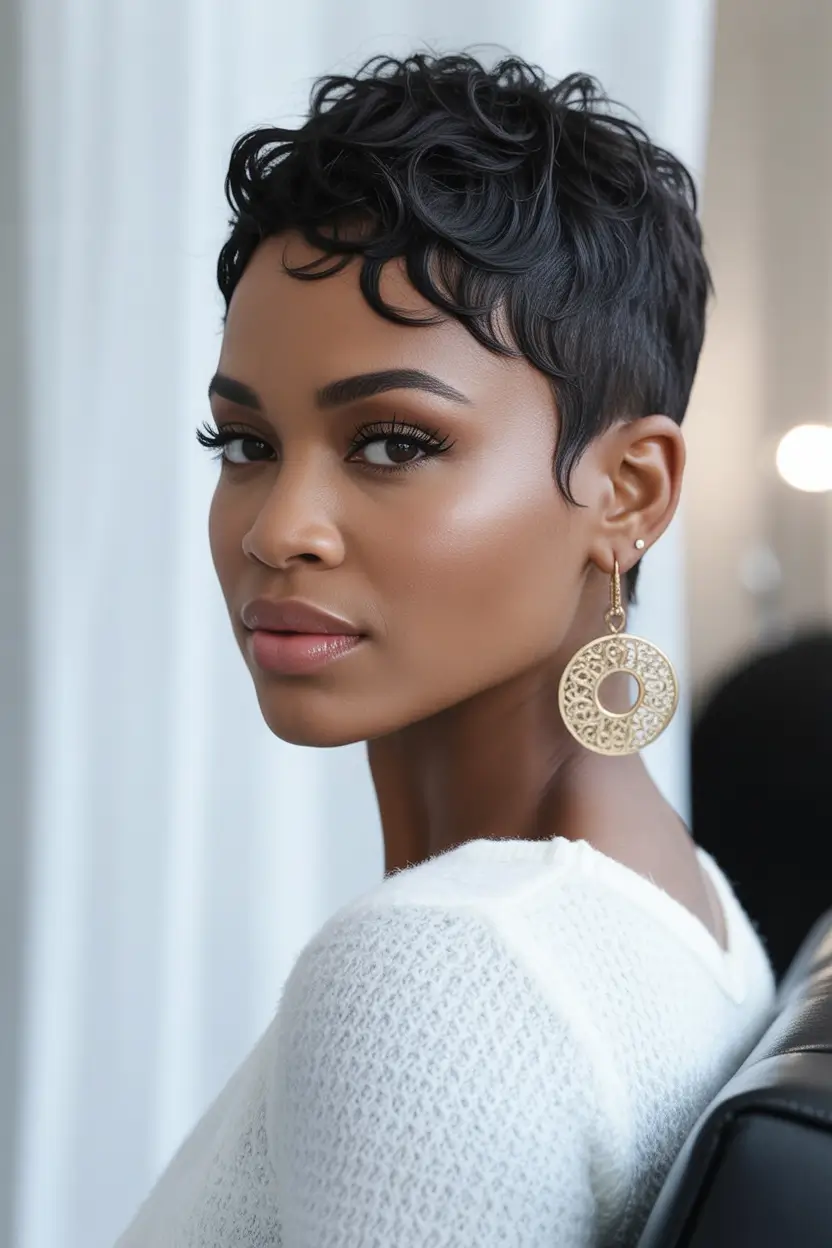 Fall 2025 Hairstyles for Black Women – Glossy Finger-Wave Pixie