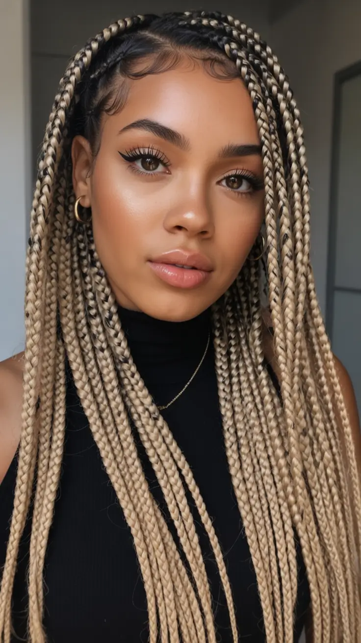 Fall 2025 Hairstyles for Black Women – Honey Blonde Box Braids with Sleek Finish