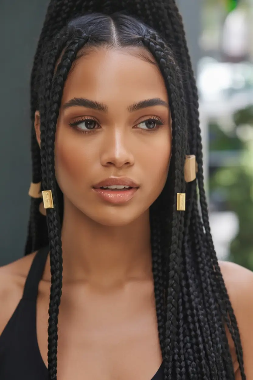Fall 2025 Hairstyles for Black Women – Half-Up Box Braids with Gold Hardware