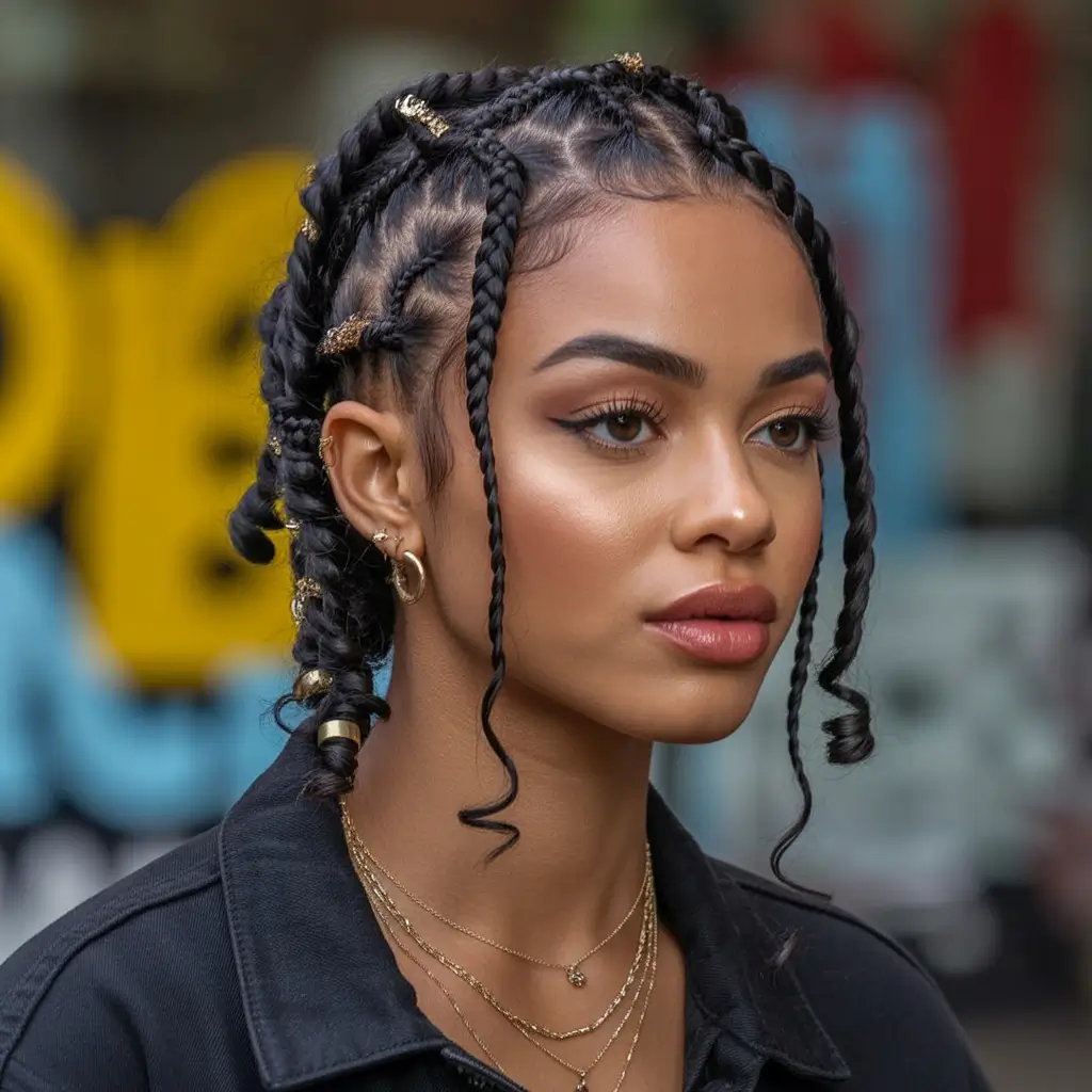 Fall 2025 Hairstyles for Black Women – Cornrow Crown with Gold Accents and Baby Curled Tendrils