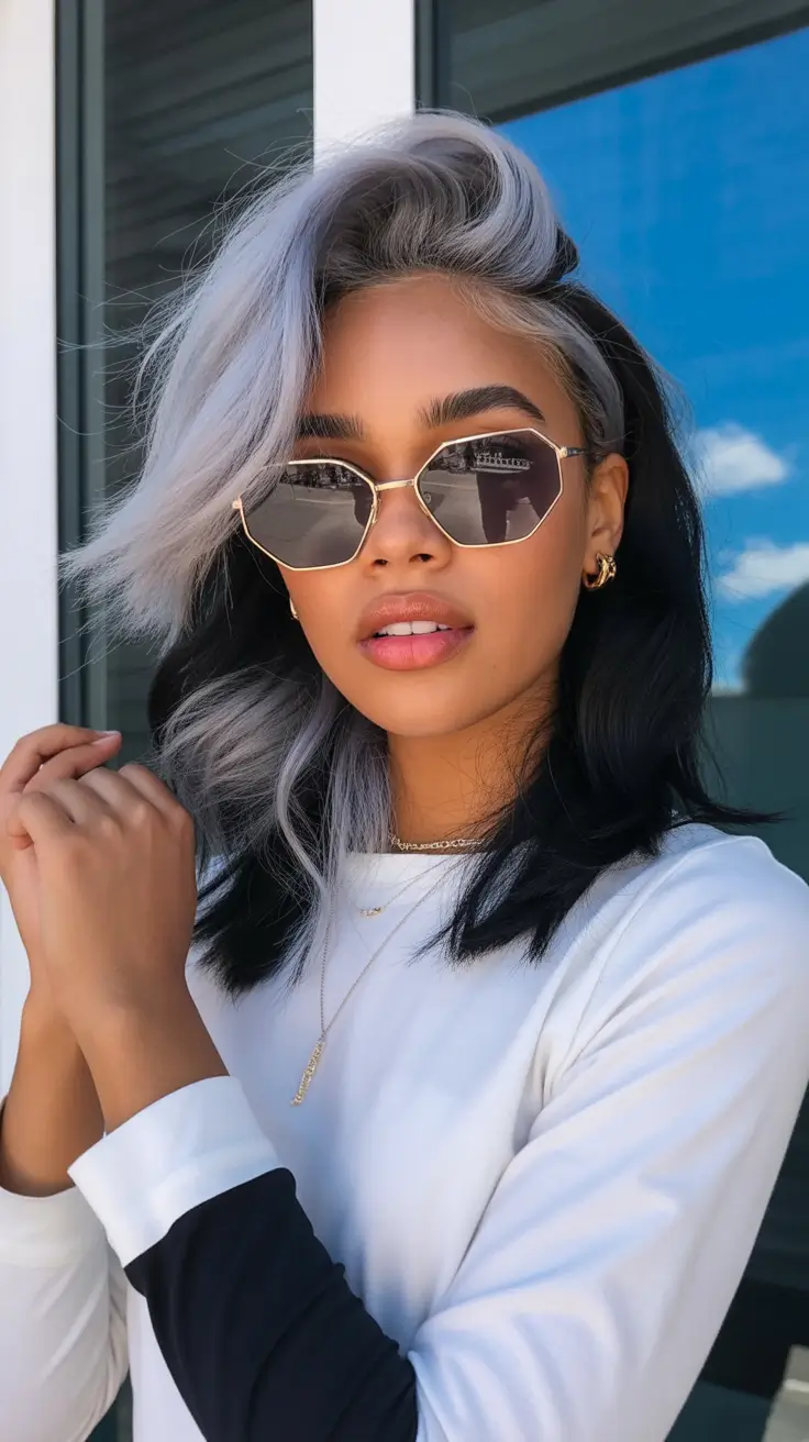 Fall 2025 Hairstyles for Black Women – Silver Streak Contrast Lob