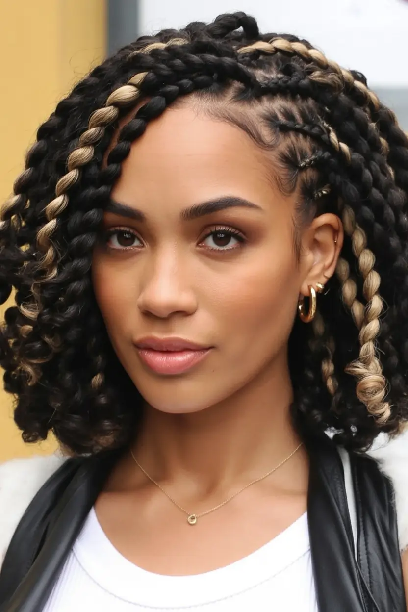 Fall 2025 Hairstyles for Black Women – Chunky Twist Bob with Golden Ribbon Lights