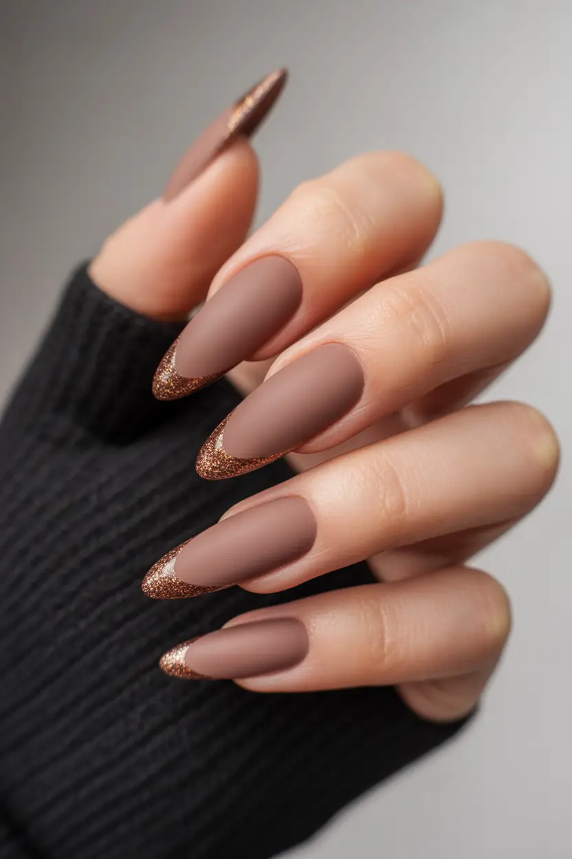 fall nails color trends Mocha Matte with Glitter Tips