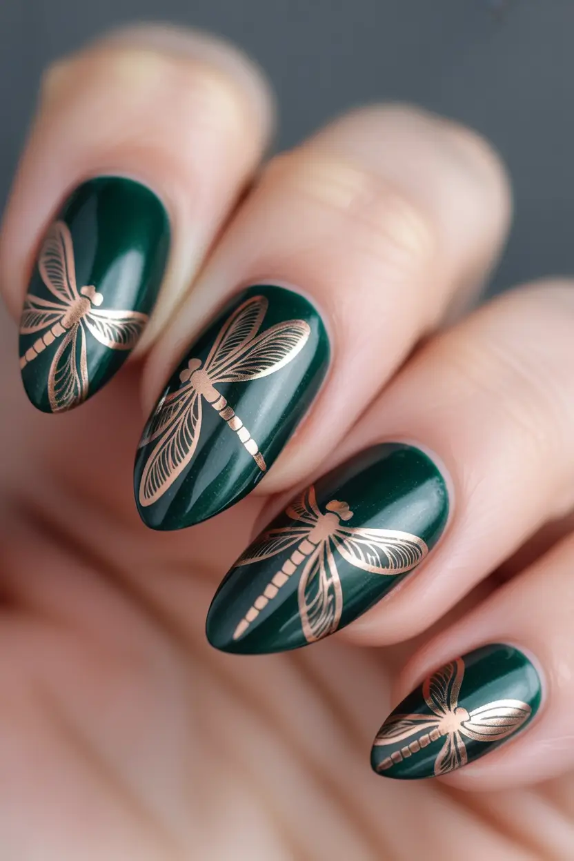 fall nails color trends Emerald and Dragonfly Art