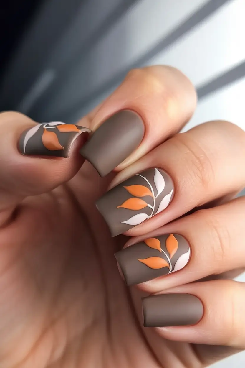 fall nails color trends Matte Leaves on Taupe