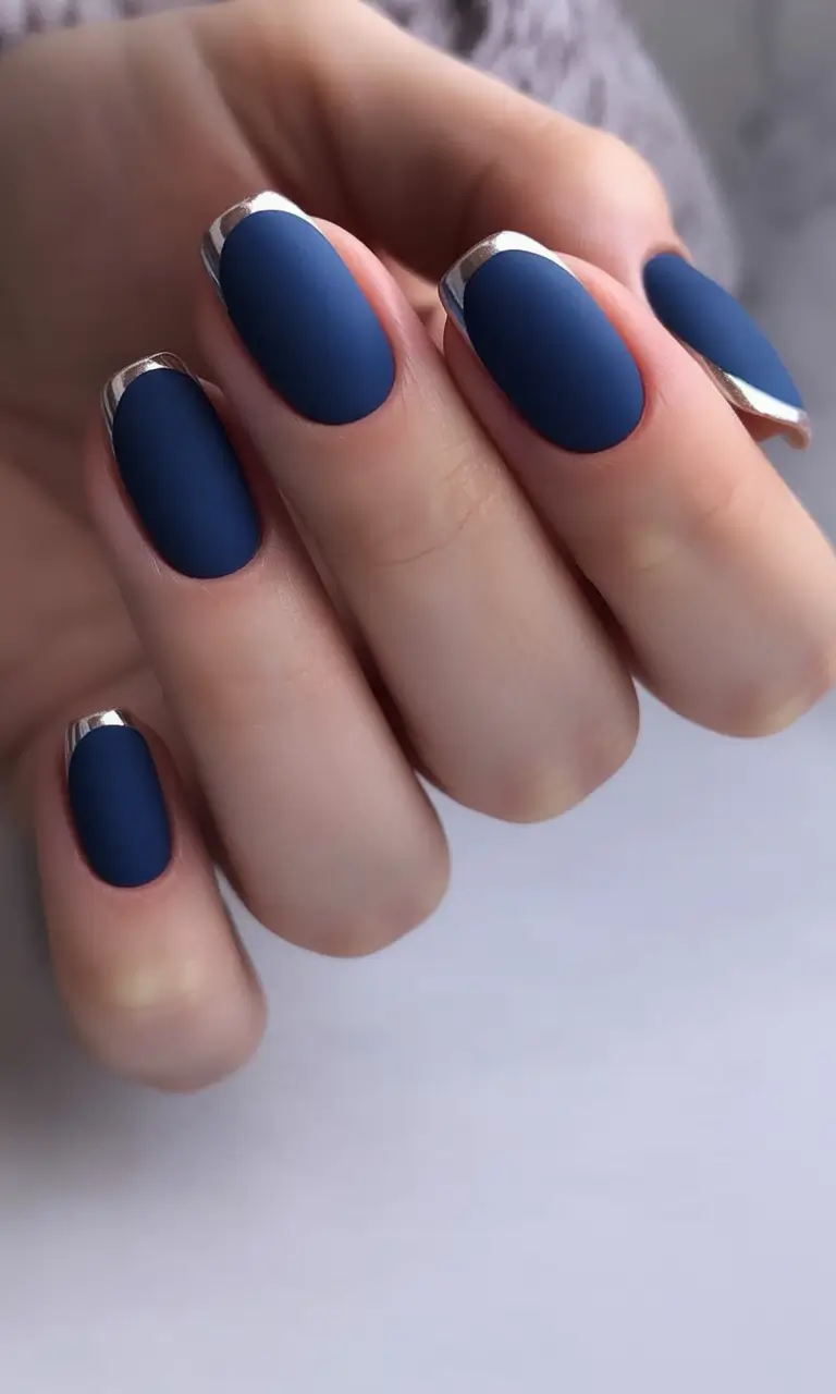 fall nails color trends Midnight Blue with Metallic Edges