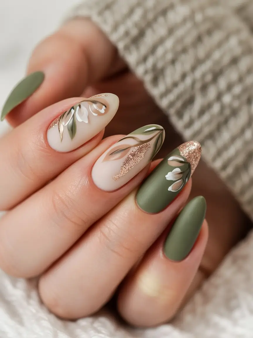 Fall nail designs Sage-Petal Almonds with Soft Gold Ribbons