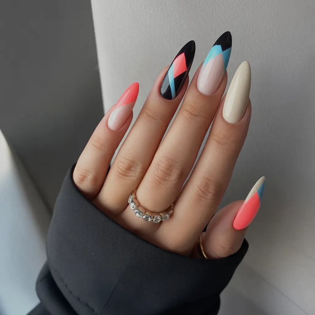 Fall nail designs Graphic Chevron French in Cream, Coral, and Blue