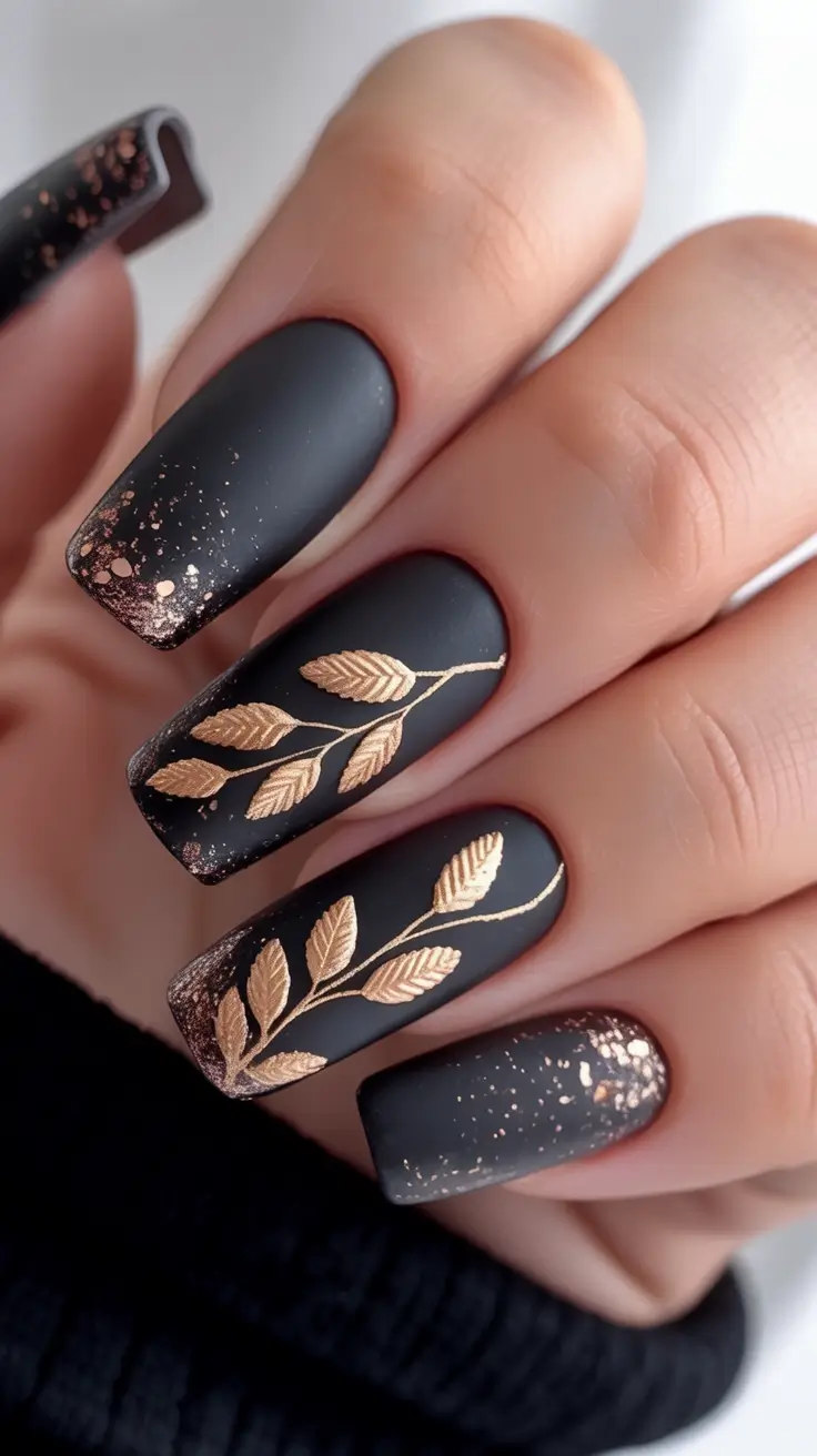 Fall nail designs Black Matte Laurel with Gold Stardust Tips