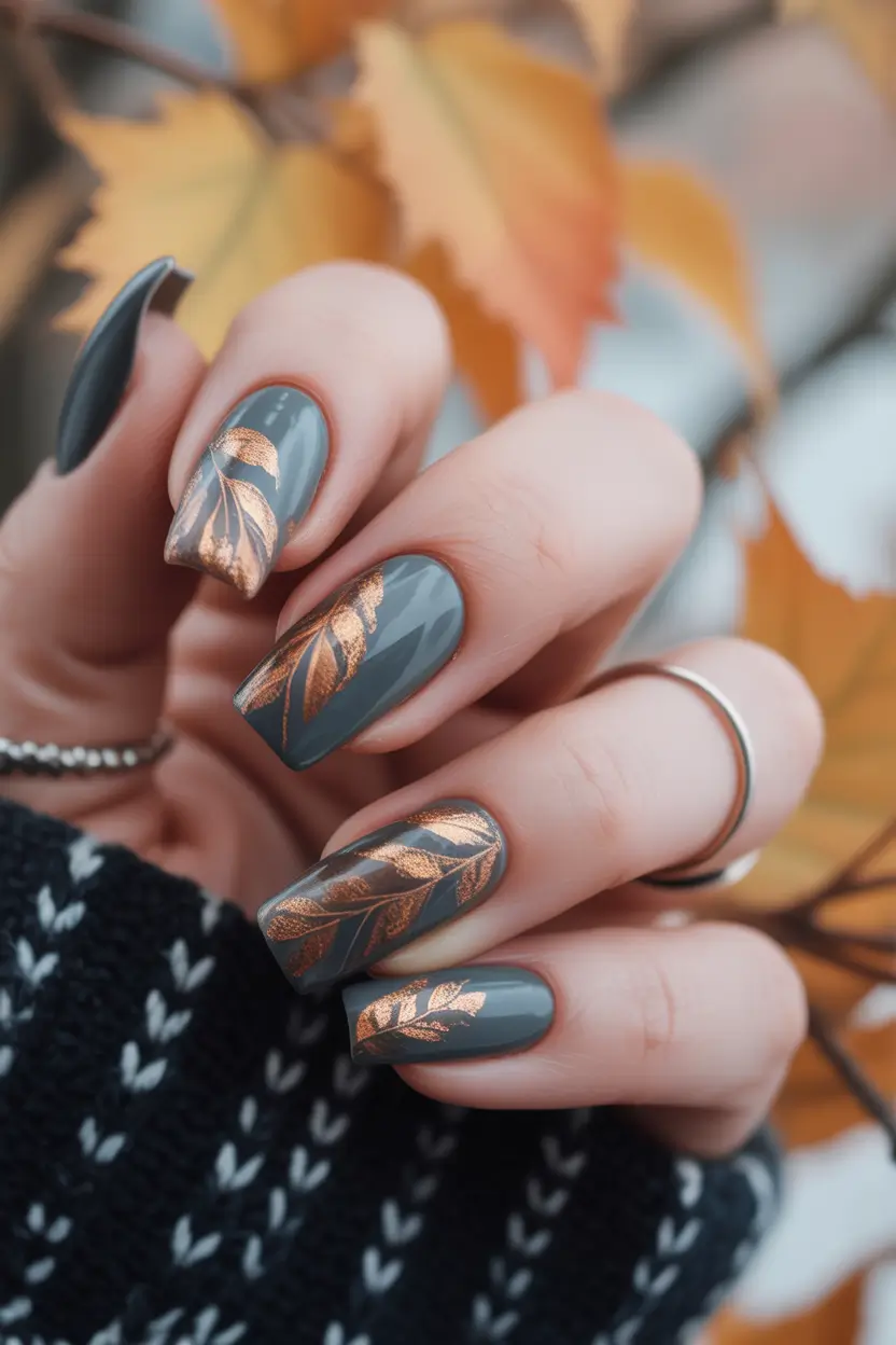 Fall nail designs Slate-Grey Leaves with Copper Foil on Long Square