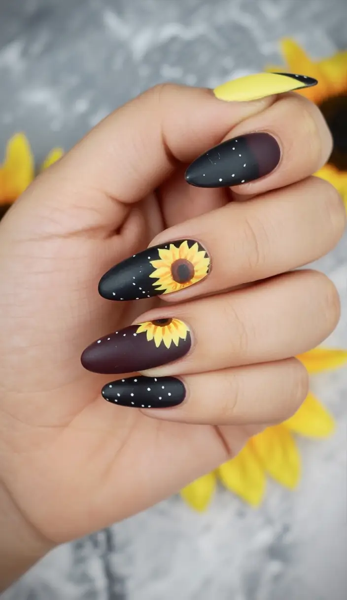 Fall nail designs Sunflower Nightfall Almonds