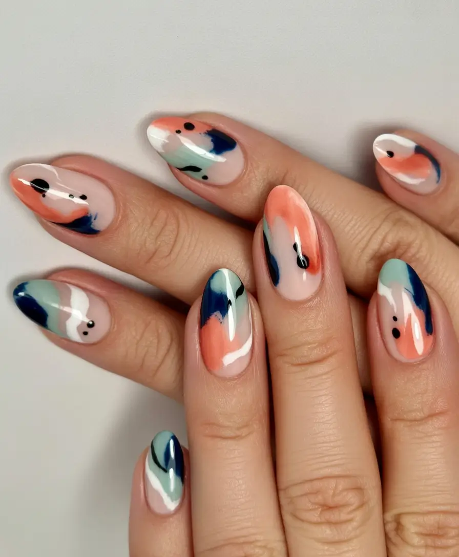 Fall nail designs Painterly Coral and Navy Brushstrokes