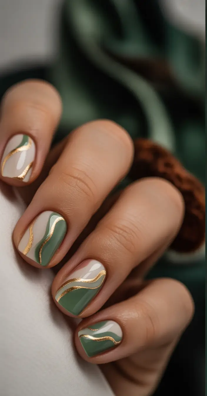 Fall nail designs Sage Wave Short Squares with Gold Piping