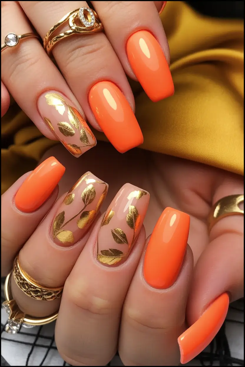 Fall nail designs Molten Tangerine Long Square with Gilded Leaves
