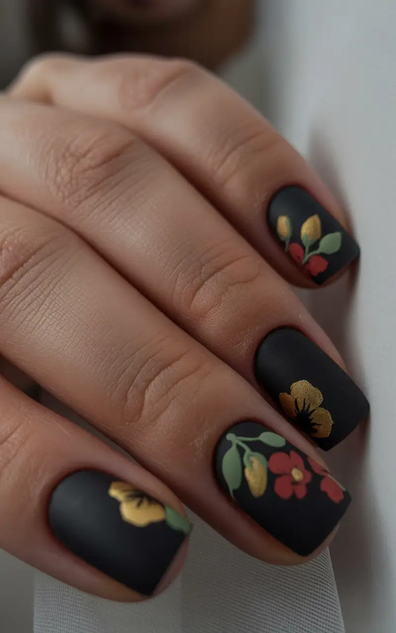 Fall nail designs Matte Noir Florals on Short Squares