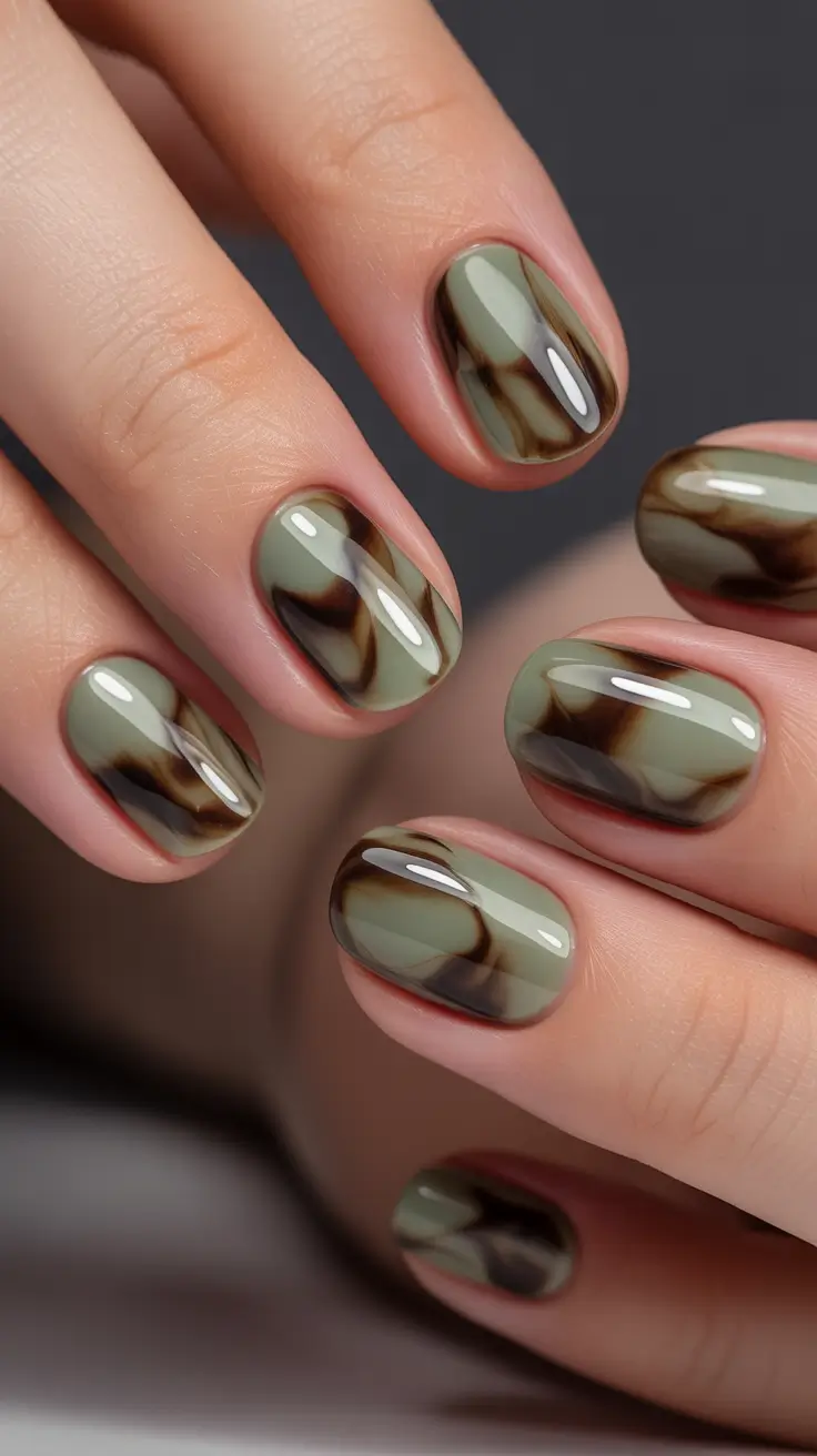 Fall nail designs Moss Agate Smoke on Short Rounds
