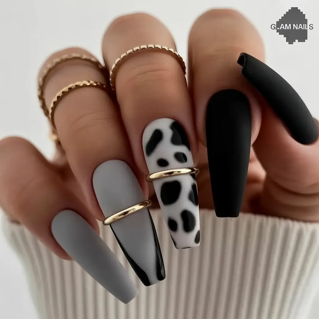Fall nail designs Monochrome Cow-Print Coffins, Matte Mix
