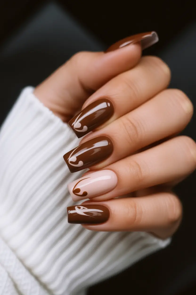 Fall nail designs Mocha Swirls on Modern Short Square