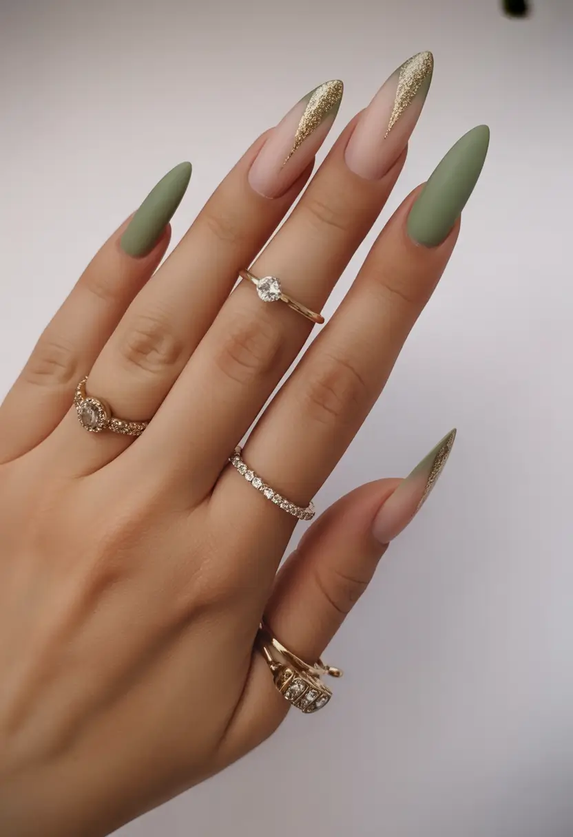 Fall nail designs Sage Dagger French with Gold Spark