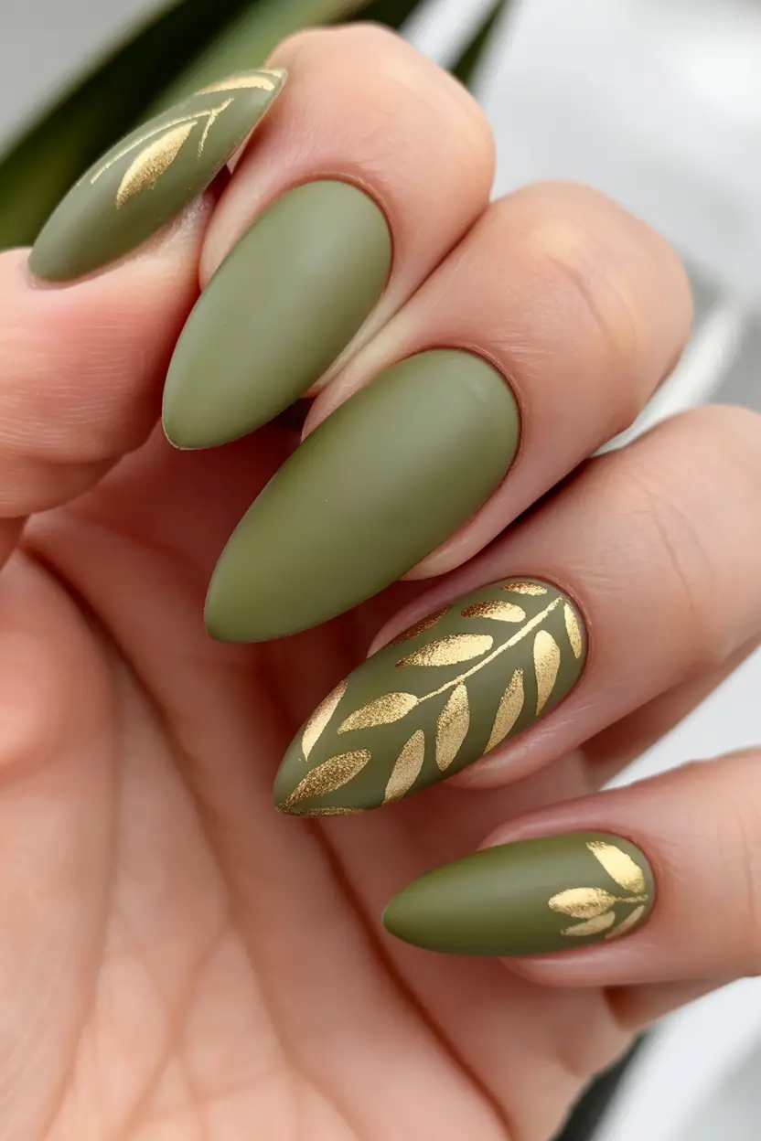 Fall nail designs Matte Olive Laurel Almonds