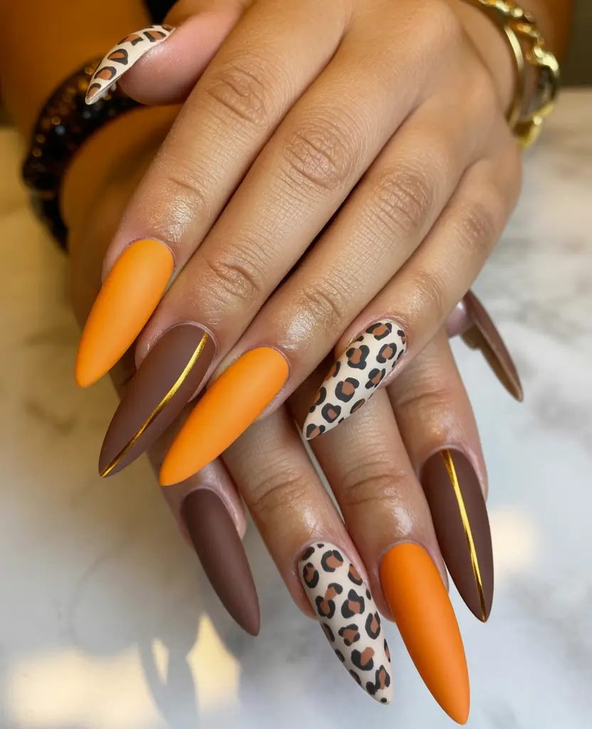 Fall nail designs Pumpkin Spice Leopard with Matte Mocha