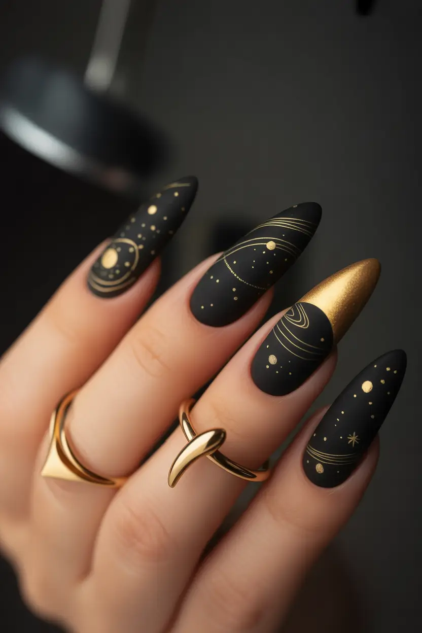 Fall nail designs Midnight Constellations with Gold Chrome Accent