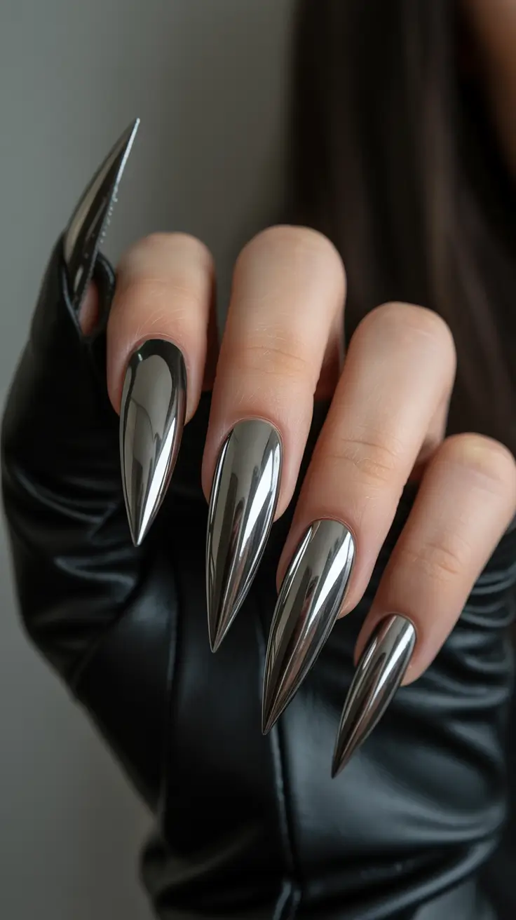 Fall stiletto nails Mirror-Edge Chrome Drama