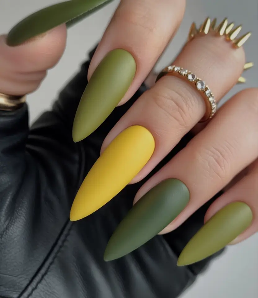 Fall stiletto nails Olive & Mustard Fade