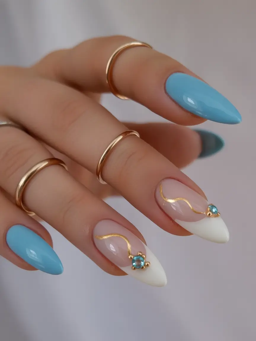 Fall stiletto nails Sky Blue & Pearl Accent Waves