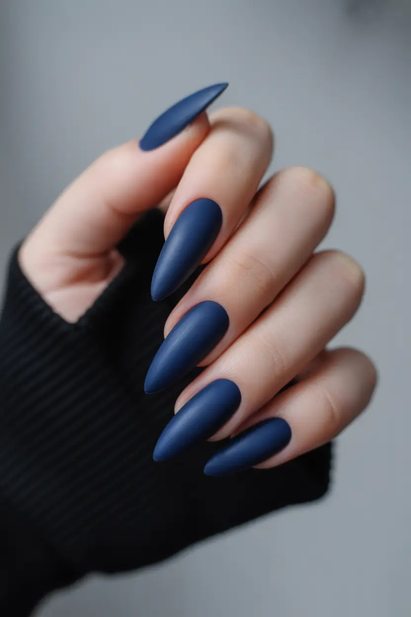 Fall stiletto nails Velvet Navy Matte