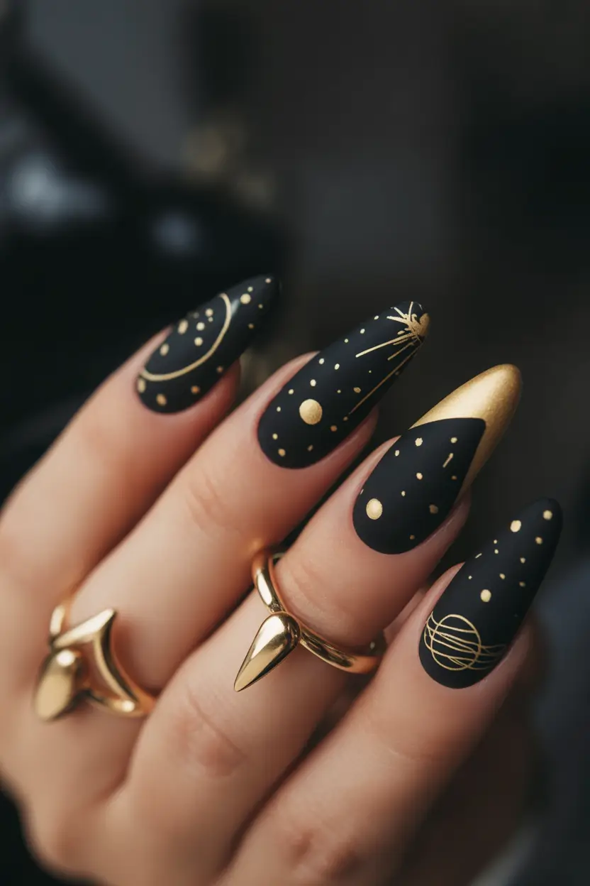 Fall stiletto nails Celestial Black & Gold