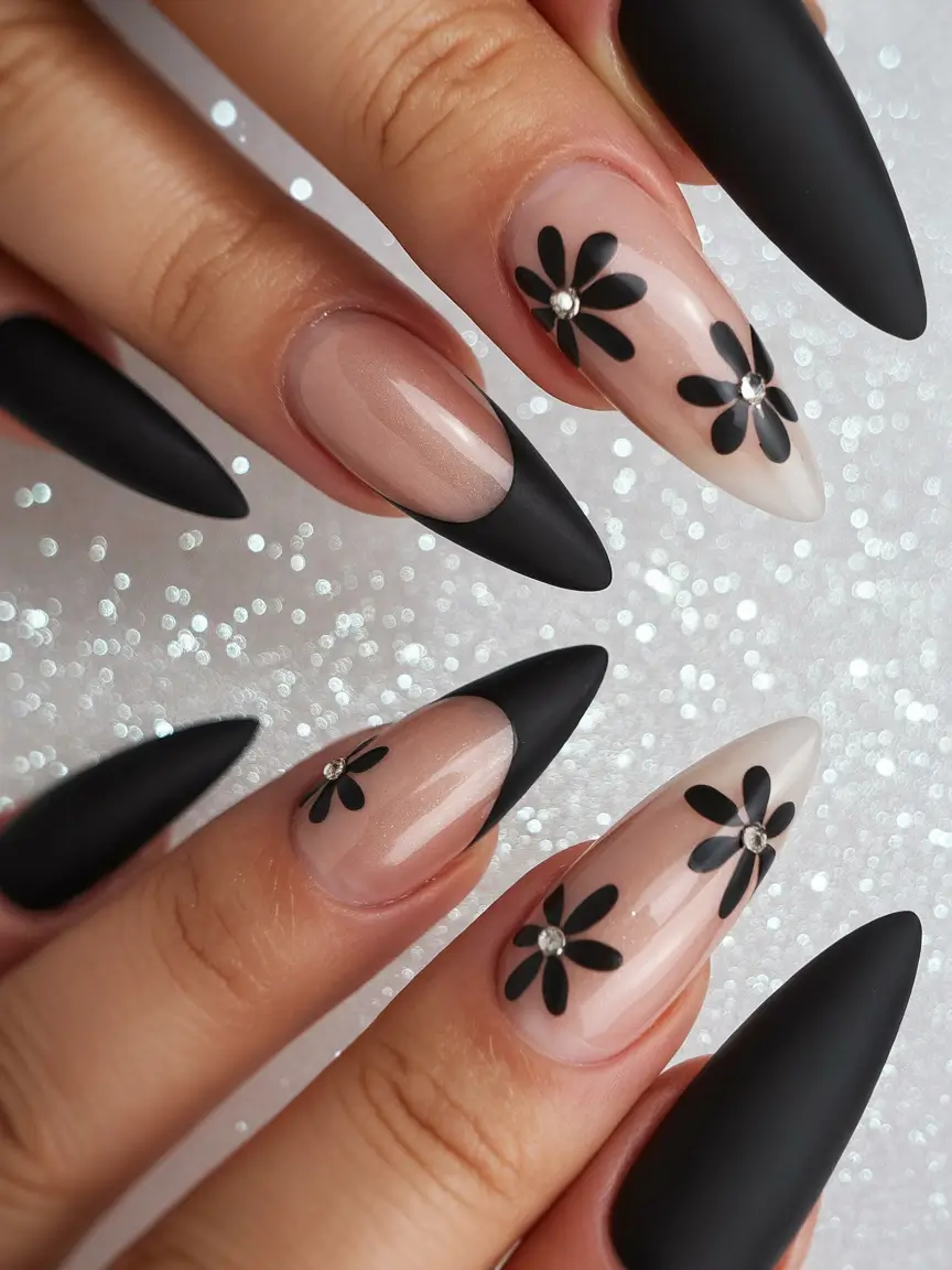 Fall stiletto nails Matte Noir Florals