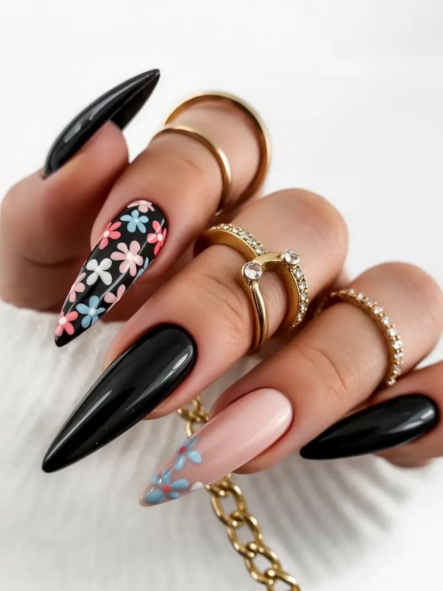 Fall stiletto nails Glossy Garden Midnight