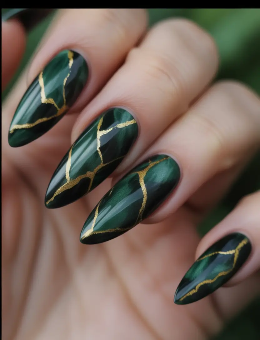 Fall stiletto nails Emerald Vein Luxury