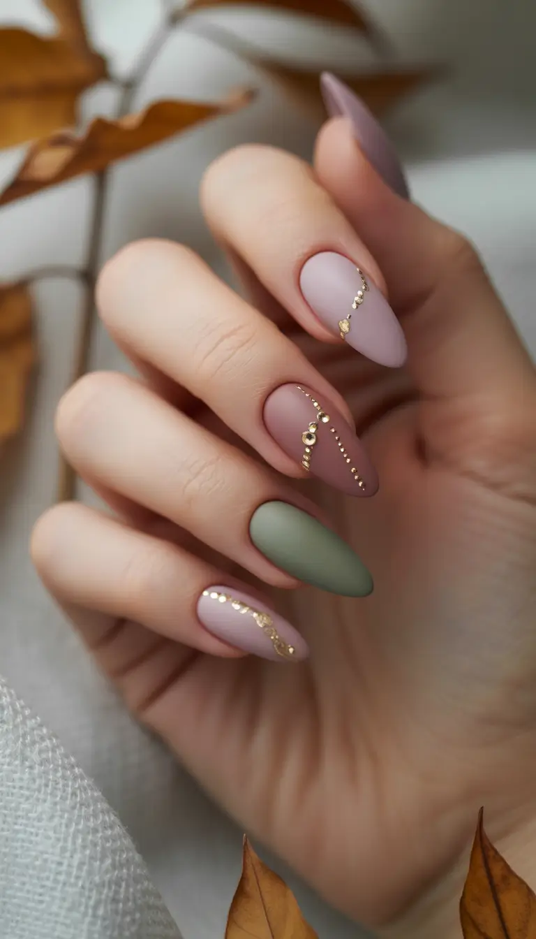 fall almond nails Matte Mauve & Sage with Gold Droplets