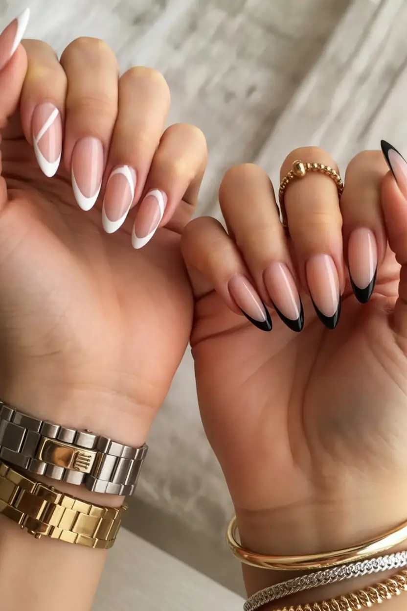 fall almond nails Mixed French: White Contours & Noir Tips